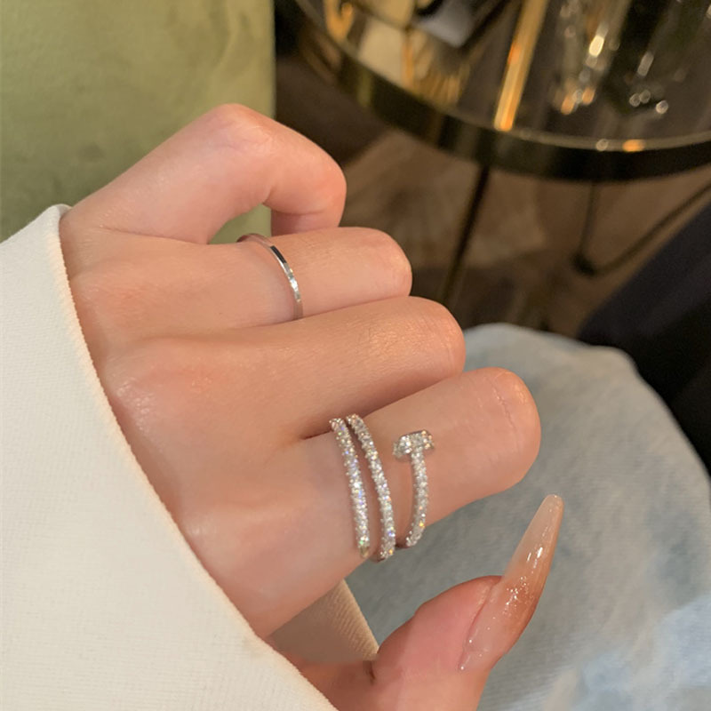 A cold and unique style, light luxury, full diamond nail opening ring for women on Instagram, a niche design with a high-end feel details Picture