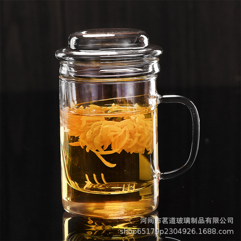 High borosilicate glass cup, transparent lid filter flower tea cup, office water cup, women's tea water separation brewing cup Specification drawing