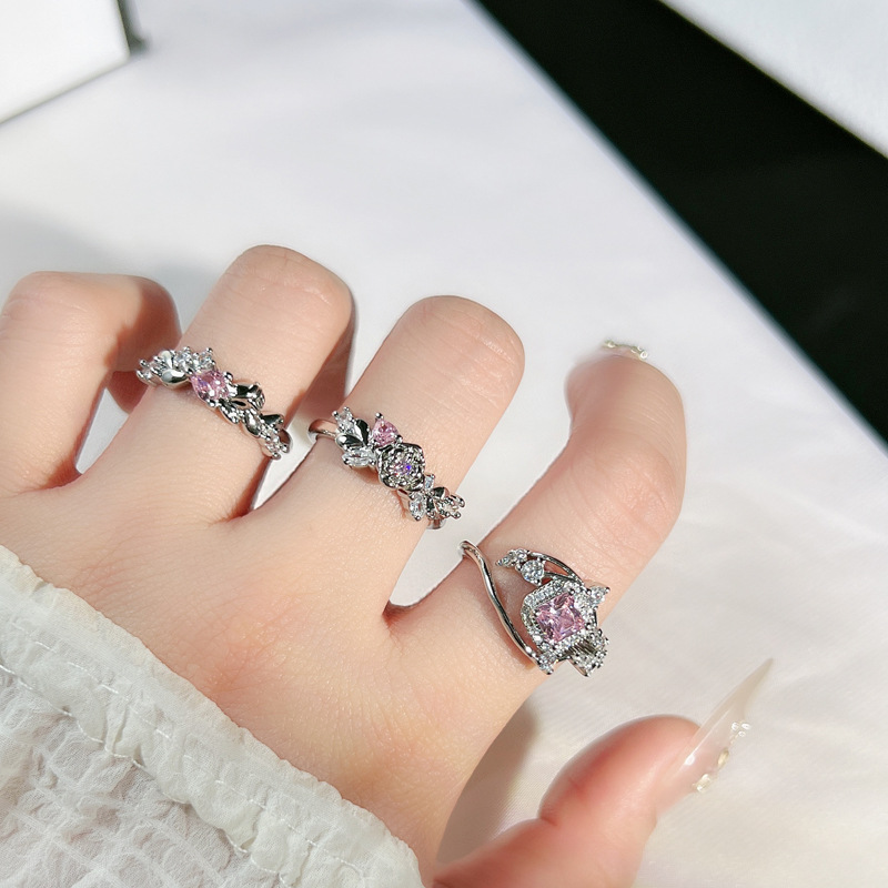 Cross-border heartwarming rose pink diamond sweet and cool open ring for women, delicate, light luxury and high-end feel, geometric versatile best friend ring Specification drawing