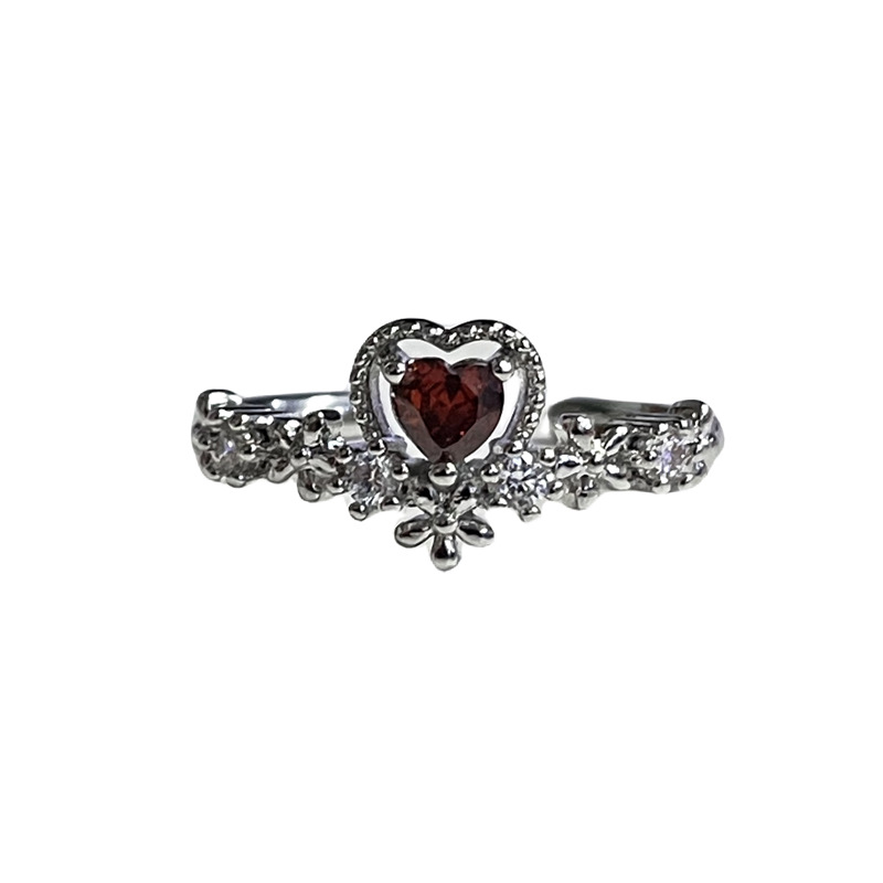 New Chinese-style red diamond heart-shaped opening ring for women, a niche design, light luxury and cold style ring, a unique and elegant accessory Item Picture