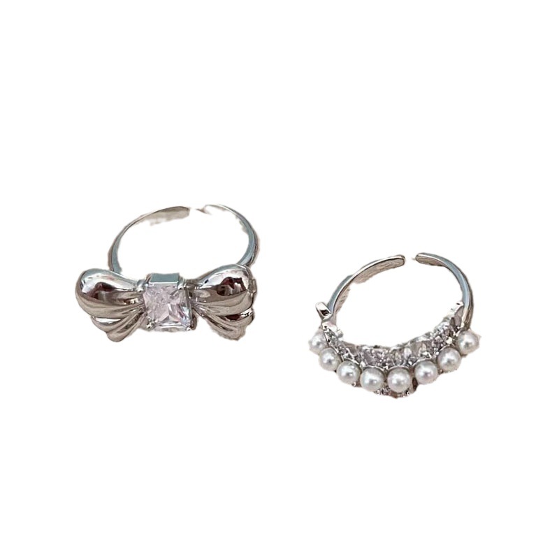 The sweet and cool bow ring has a unique and high-end design sense. The slightly inlaid zircon pearl index finger ring can be adjusted Item Picture