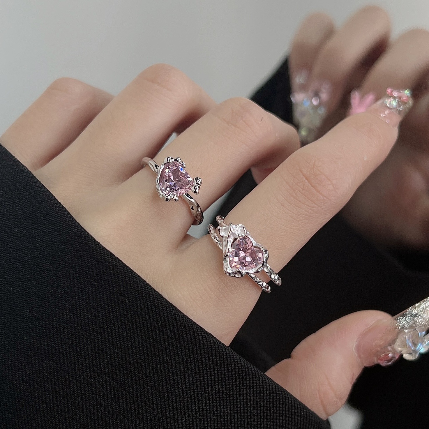 Pink diamond heart-shaped zircon open ring, a trendy, light luxury and niche design ring for women, sweet and individual open index finger ring Application Scenario
