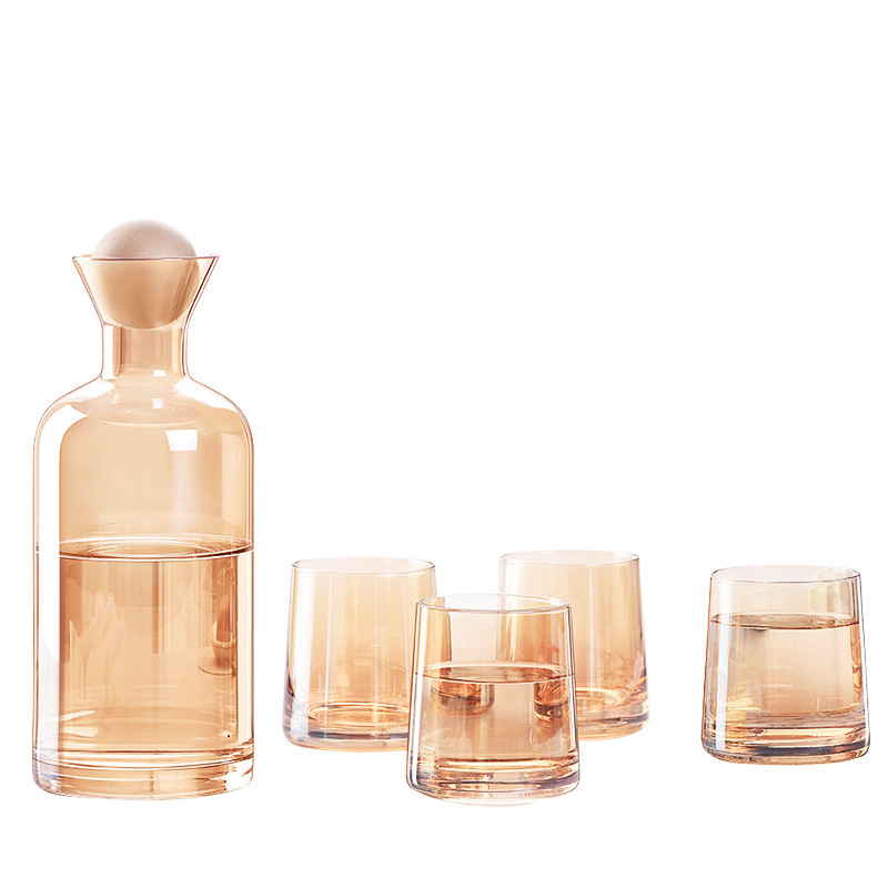 Household light luxury cold water bottle set, straight glass water ware set, cold boiled water cup, creative wooden ball lid cold water bottle Item Picture