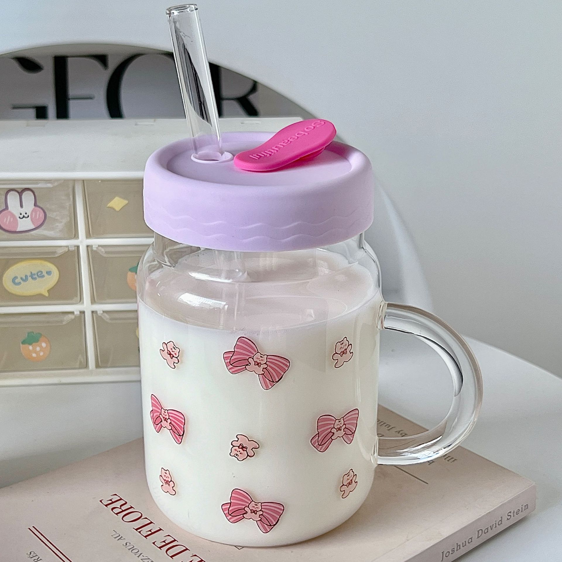 Boli Mei Korean InS-style high borosilicate heat-resistant glass straw cups, student drinking cups, glass cups wholesale details Picture
