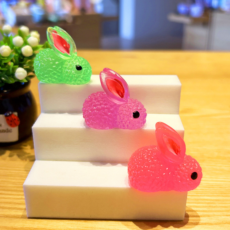 Rabbit small figurines, simulation creative micro-landscape resin accessories, luminous cartoon animal luminous decorative ornaments full figure
