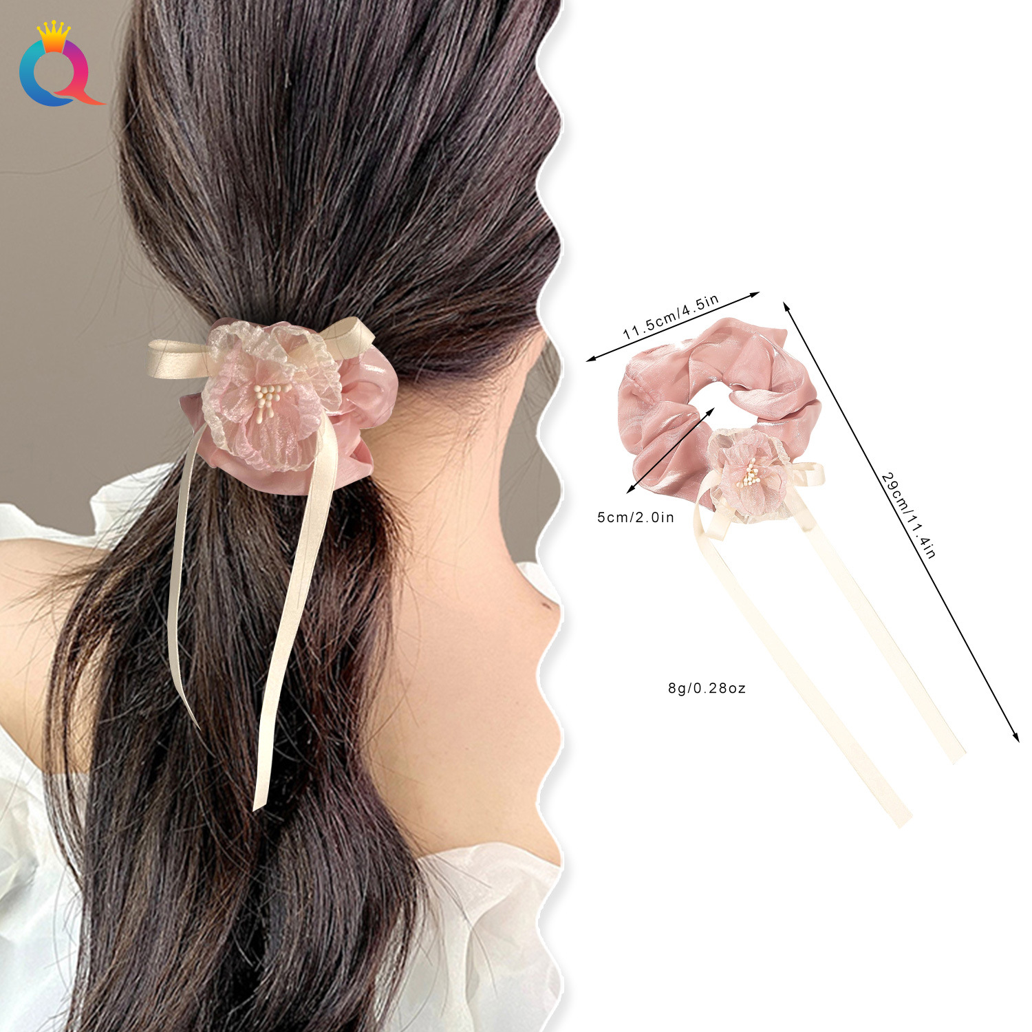 Wholesale of Qiyue Cross-border Bow, Ribbon, Large Intestine Hair Tie, Flower Hair Tie, high-end leather band hair Tie for women details Picture