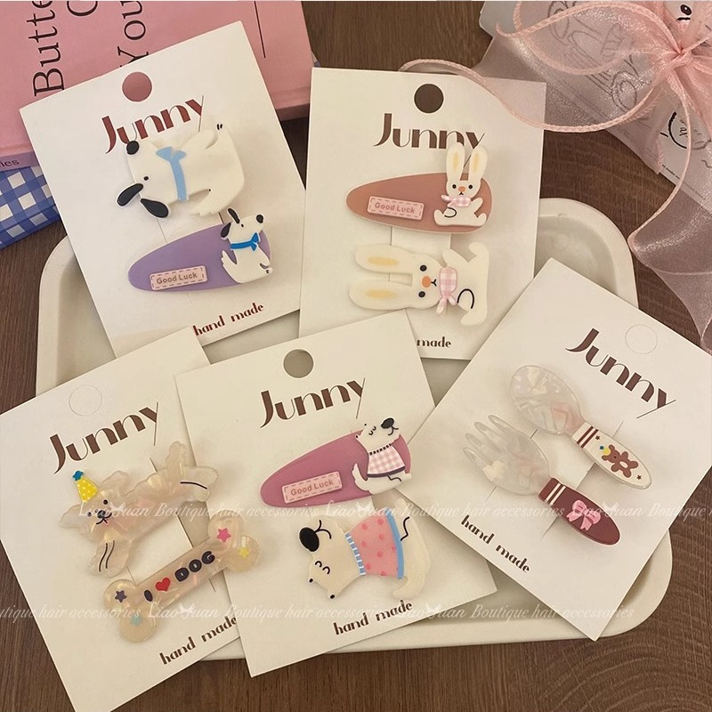 2 cartoon dog hair clips, cute animal rabbit and bear hair clips, ins high-end side clip hair accessories details Picture