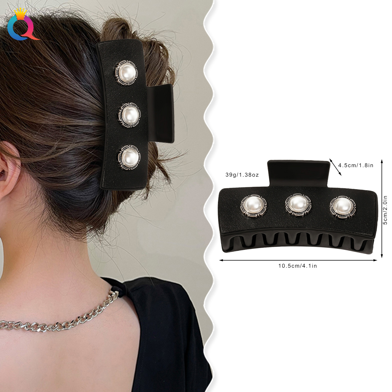 Wholesale of Qiyue Cross-border retro Chanel-style pearl hair clips, high-end large updo hair clips, shark clips and hair accessories details Picture