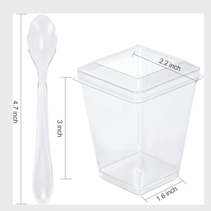 Factory wholesale 150ML disposable transparent square cups, mousse cups, ps plastic pudding dessert cups with spoons and LIDS, cross-border Specification drawing