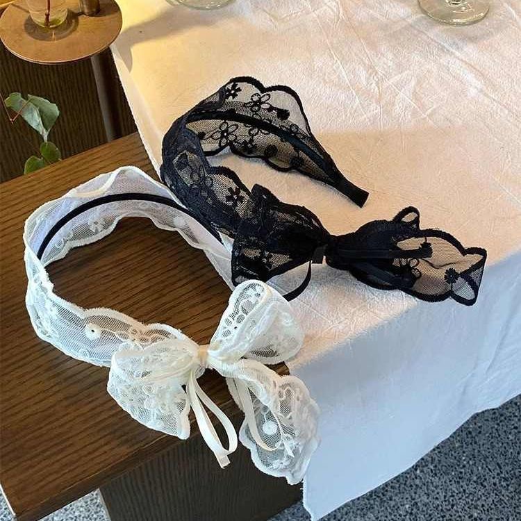 French mesh, bow, lace, wide-edge hair band, headband, women's country style, summer ribbon headwear, high-end hair accessory details Picture