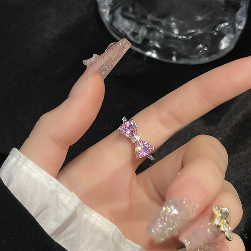 Pink bow, sweet and adjustable opening ring, a high-end index finger ring with a unique design for women, fashionable and individual ring Specification drawing