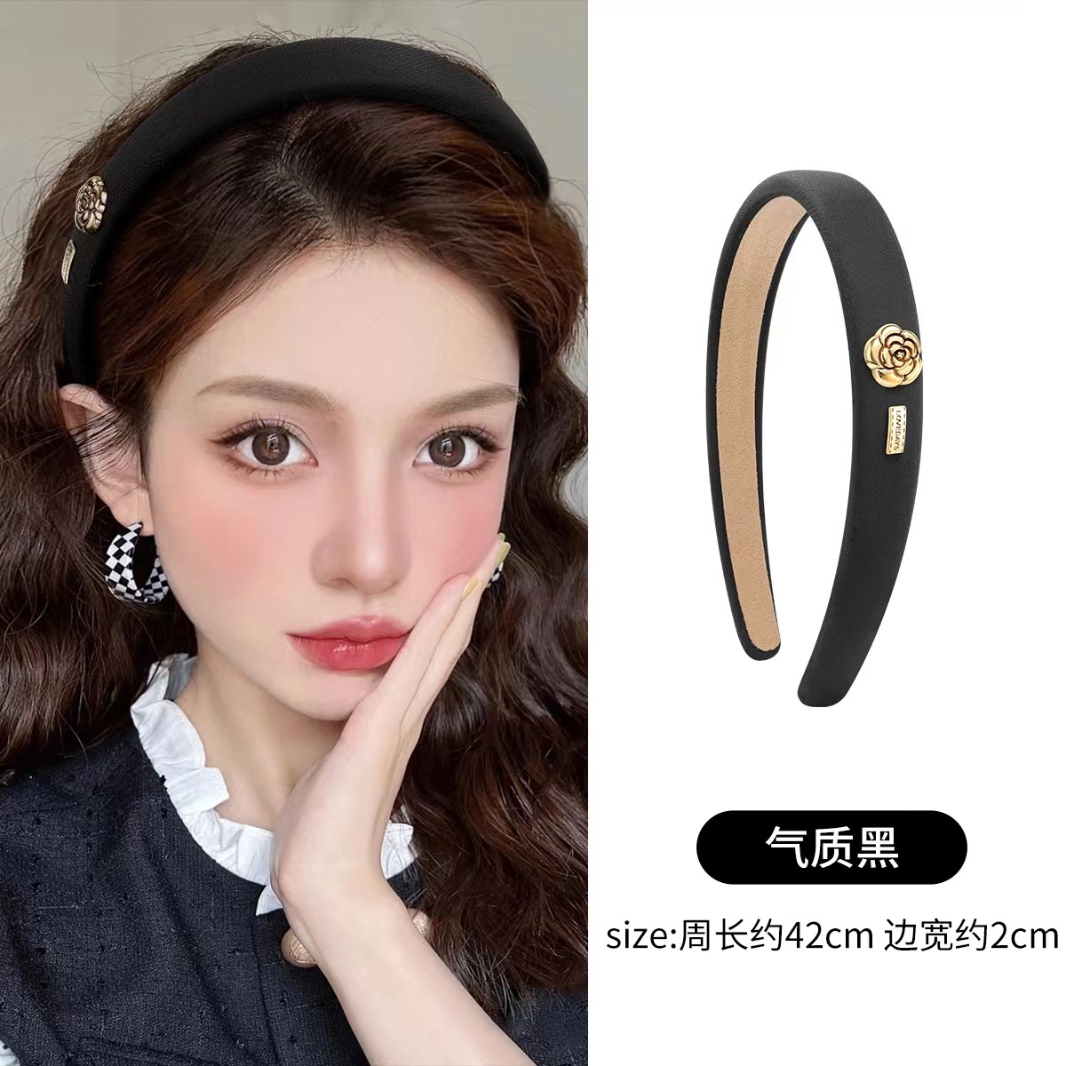 French retro camellia hairband for women's spring and summer hair accessories, high-end and elegant face-washing hairband, new high head headband Specification drawing