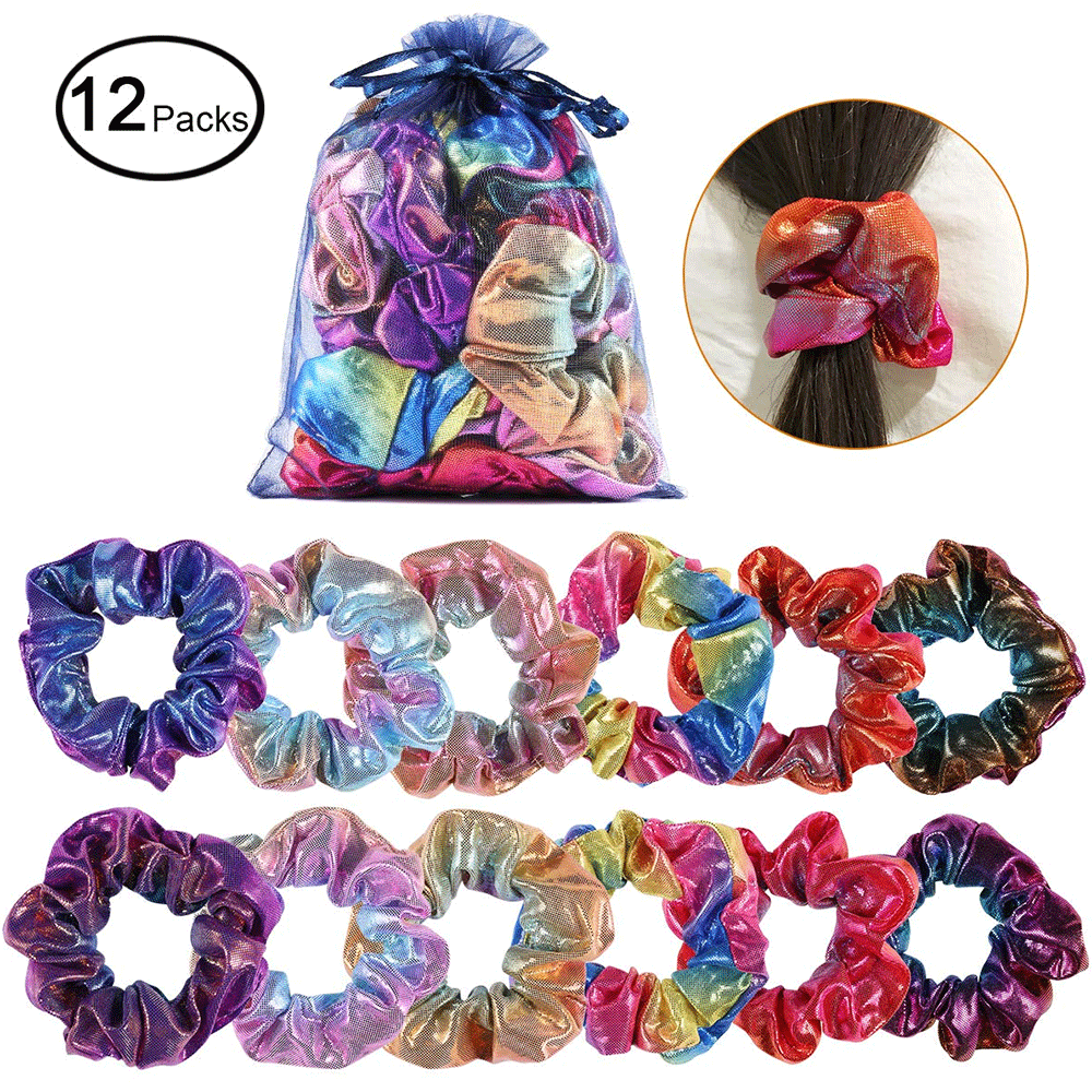 Qiyue Cross-border Supply: Scrunchies punk rainbow hair bands with gold embossed laser large intestine hair bands and headwear from Europe and America full figure