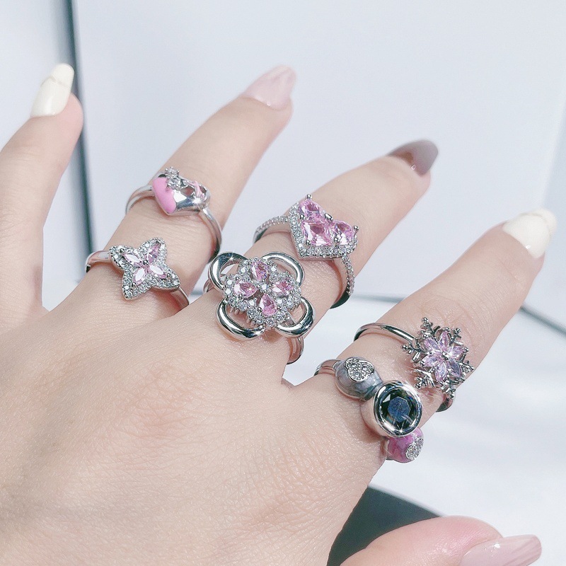 Sweet and cool, niche design, cold style, pink diamond zircon open ring, simple, fashionable and exquisite index finger ring for women Specification drawing