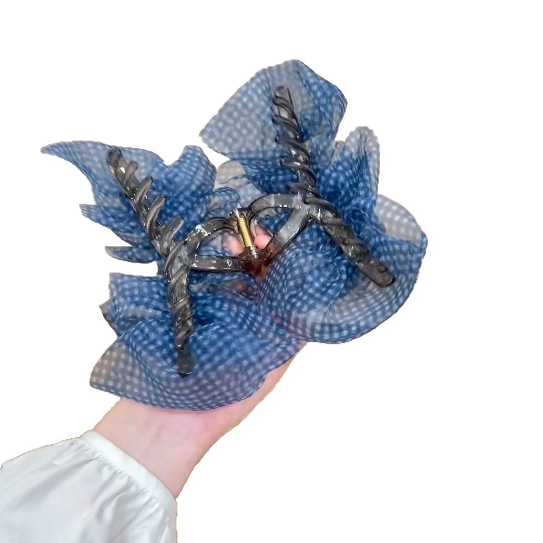 Blue checkered bubble tulle hair clipper shows hair volume, large shark clipper mesh tulle cloud pleated hair claws, large intestine circle for women Item Picture