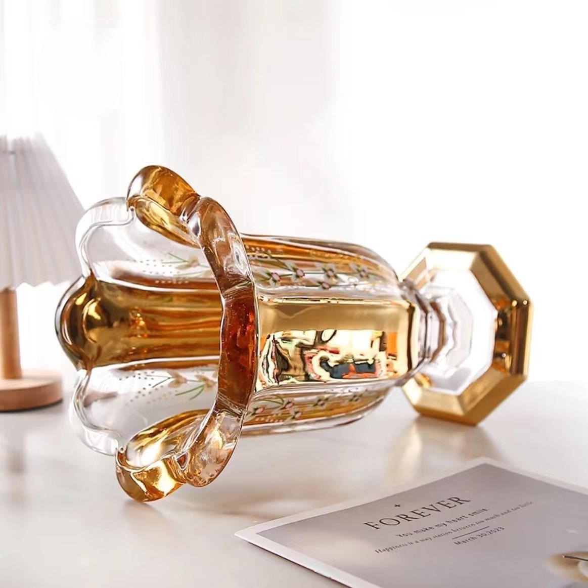 High-end gilded vases with enamel color craftsmanship for living room entrance hall flower arrangement soft furnishings, glass high-footed vases for home decoration Specification drawing