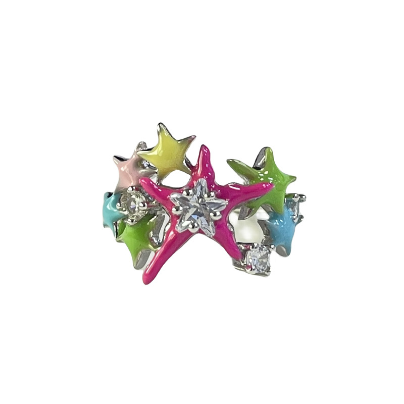 Sweet and cool star cross pink drip glaze open ring for women on Instagram, cold style, high-end and versatile ring Item Picture