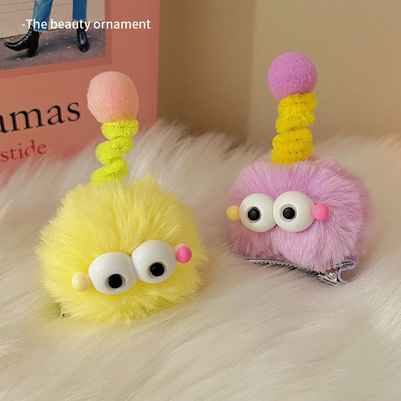 Cute pom-pom hair clips, big eyes, ugly and cute dolls, coal ball hair clips, girls' cartoon and funny personality, duckbill hair clips Application Scenario
