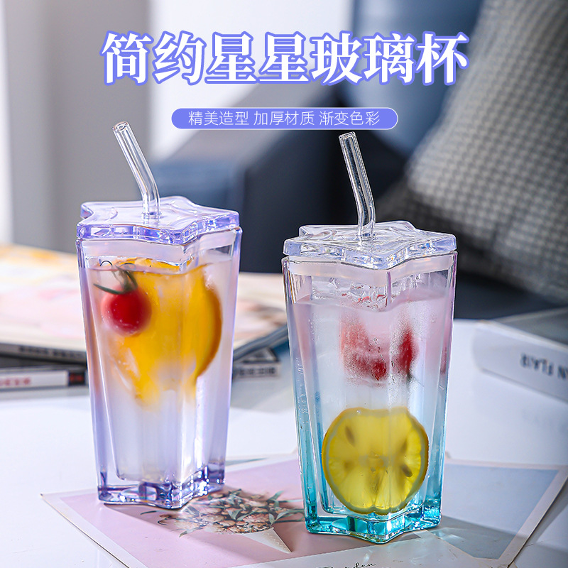 Creative star Cup water cup, high-temperature resistant, portable, high appearance level glass cup, covered coffee cup, small gift straw cup Specification drawing