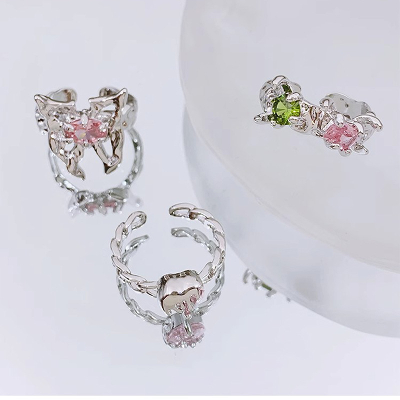 Sweet and cool zircon butterfly ring design, open ring, stacked irregular ring, pink diamond heart lock, index finger ring Item Picture