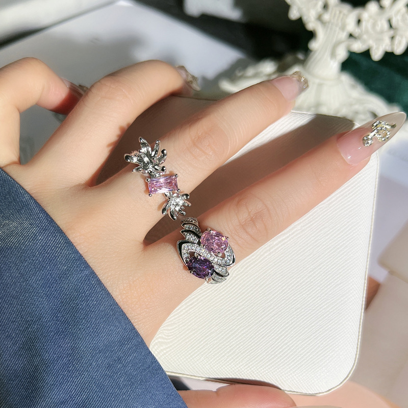 European and American sweet and cool pink, purple, diamond, twin stone, high-end, light luxury, open ring, women's niche flower, individual and elegant ring full figure