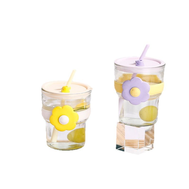 New glass straw cup, ins double-drink coffee cup, advertising souvenir gift water cup, high appearance level bamboo joint flower cup Item Picture