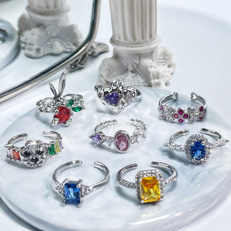 French retro colored zircon light luxury high-end open ring, fashionable and versatile, individual and exquisite, cold style ring full figure