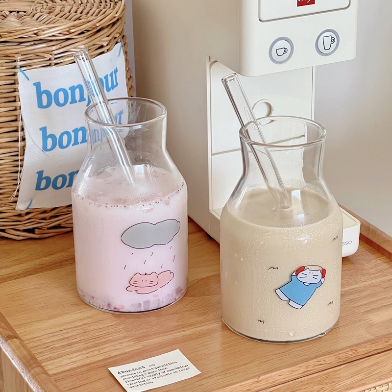Customized ins blogger's same style of glass cups: simple cat juice cup, milk cup, coffee cup, cold brew glass bottle full figure
