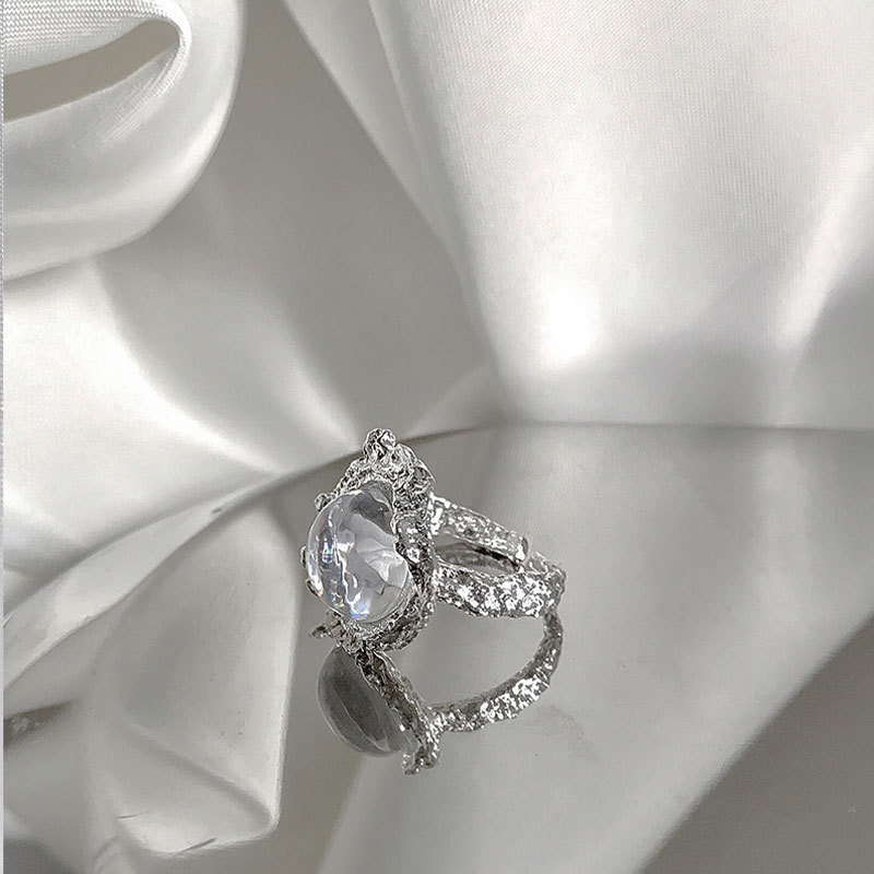 A light luxury, niche, retro moonstone inlaid open ring with tin foil, a cold and elegant texture ring, fashionable and trendy for women Application Scenario