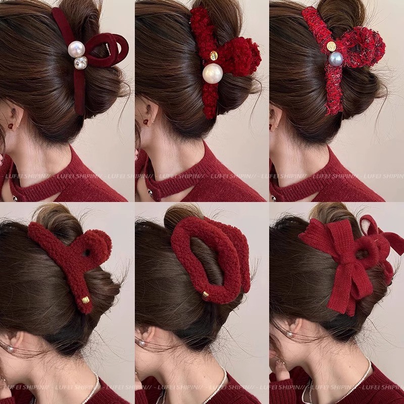 Ankela red plush hairpin for women's spring and summer, with a high-end touch, small chanel-style pearl grab clip, shark clip, large size and abundant hair volume details Picture