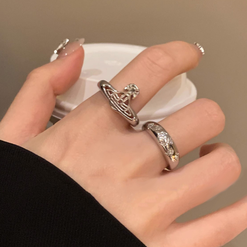 Retro and simple Western-style queen Saturn hollowed-out cross Moon Zircon stacked ring women's ins high-end ring full figure