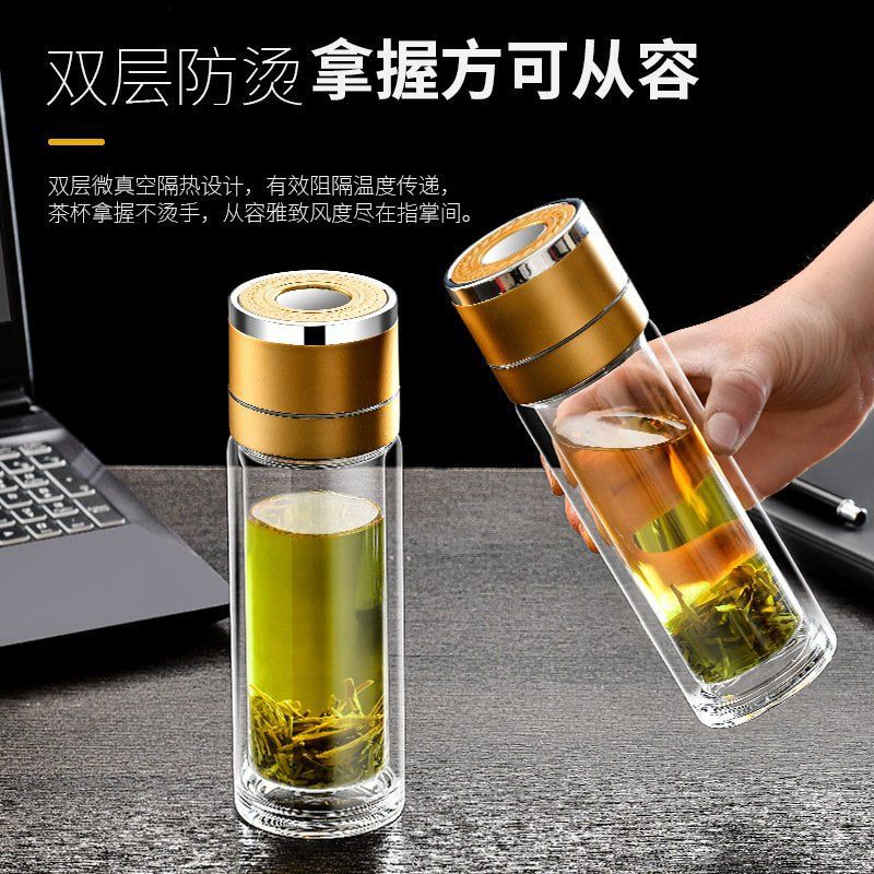 Car one-button lid opening quick-opening cup, tea-water separation cup, high borosilicate glass cup, men's water cup, high-end tea brewing cup Specification drawing