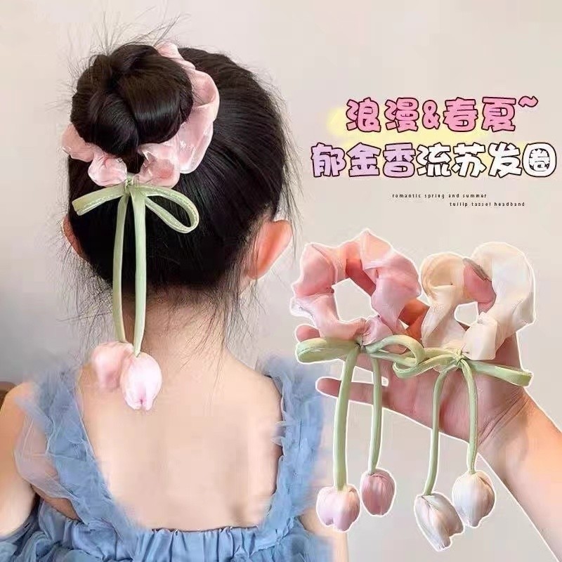 Korean-style tulip ribbon, large intestine hair band, high-end feminine hair tie, leather band, ponytail, elegant hair tie, flower headwear full figure