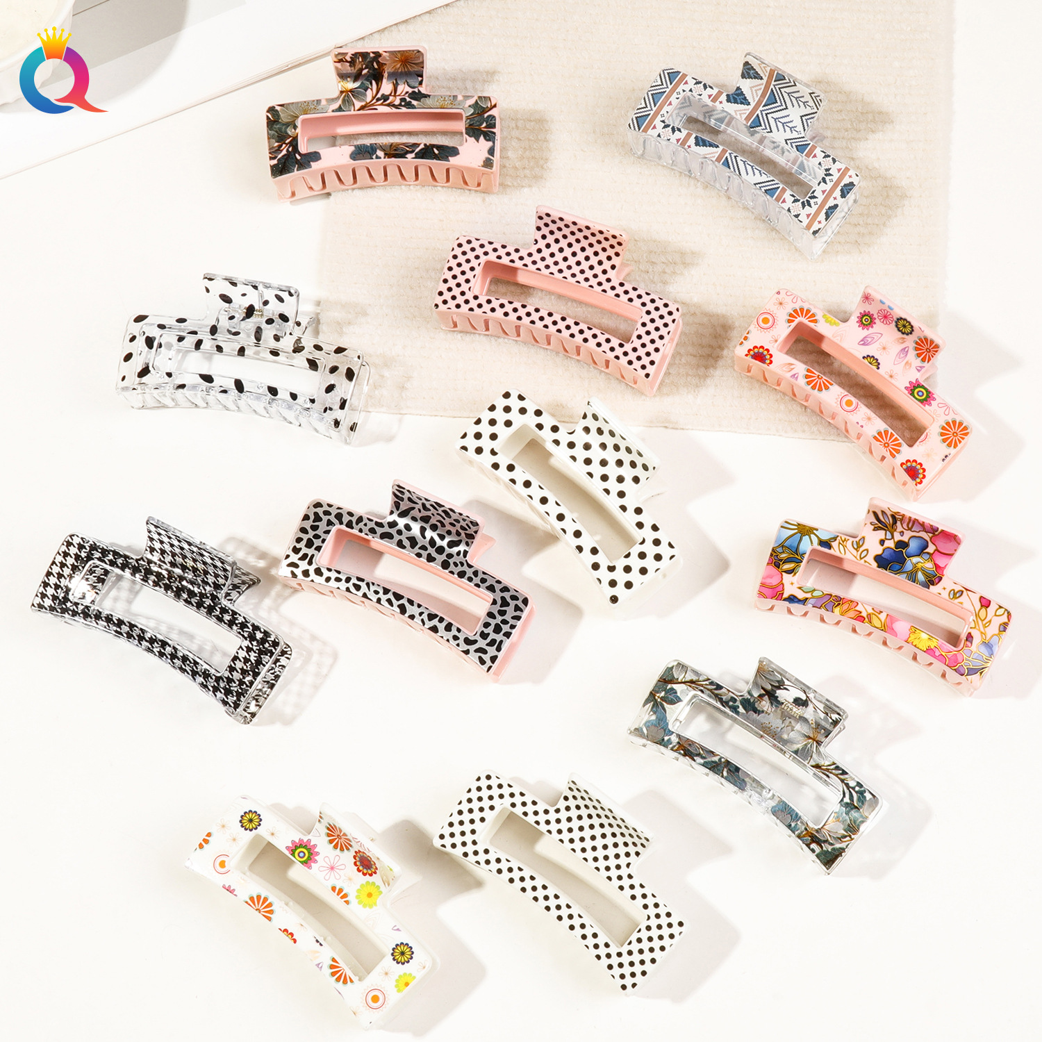 Qiyue Cross-border Premium heat transfer hair clips, simple printed hair bun clips, high-end shark clips, hair accessories wholesale full figure