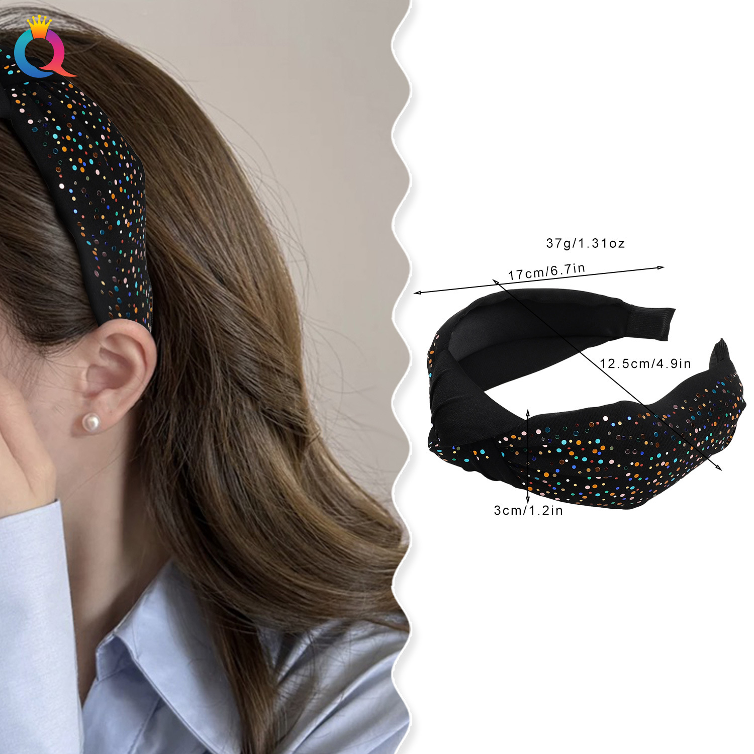 Wholesale of Qiyue Cross-border polka dot sequin knotted wide hair Band, Pumpkin headband, female high Skull top Ghost Hair Hole Hair accessories details Picture