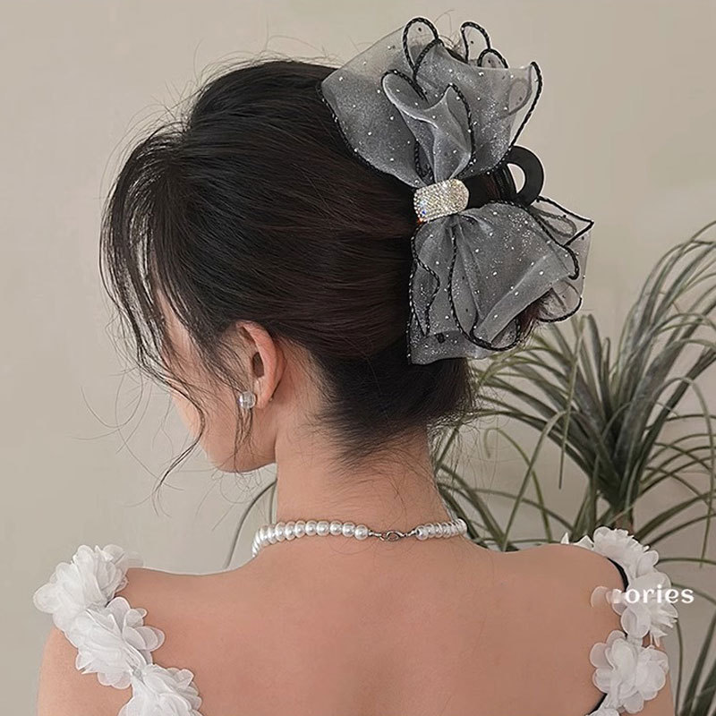 2025 New Starry Sky Mesh water diamond bow clip, large double-sided shark hairpin, ins style, high-end feel details Picture