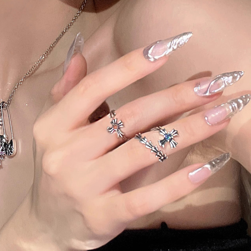 Retro aged cross opening adjustable ring, trendy sweet and cool couple style ring, unique hip-hop style ring details Picture