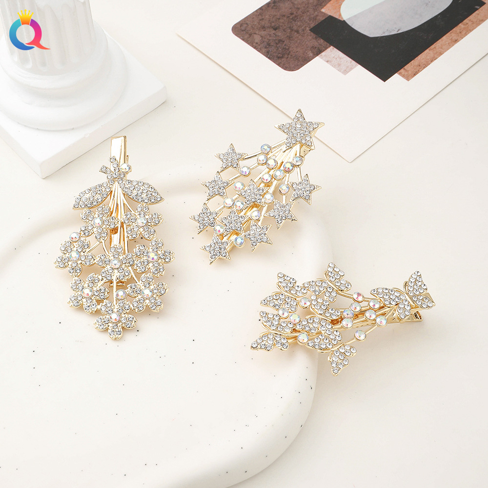 Qiyue water diamond hair clips, metal hair clips, high-end feel, duckbill clips, diamond-encrusted side bangs clips, hair accessories and head accessories wholesale Specification drawing