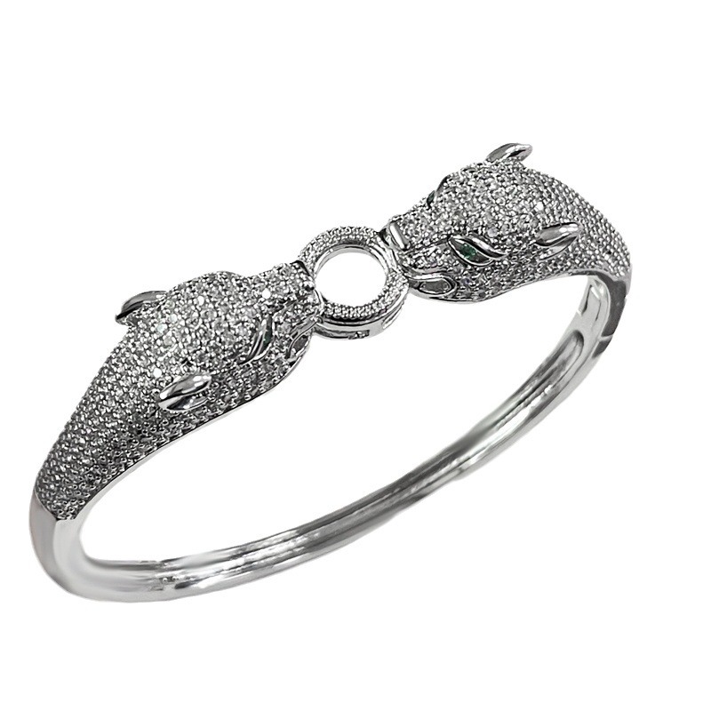 Cross-border European and American bracelet, green-eyed full diamond leopard micro-inlaid open bracelet, women's trendy fashion, light luxury, exquisite heavy industry jewelry Item Picture