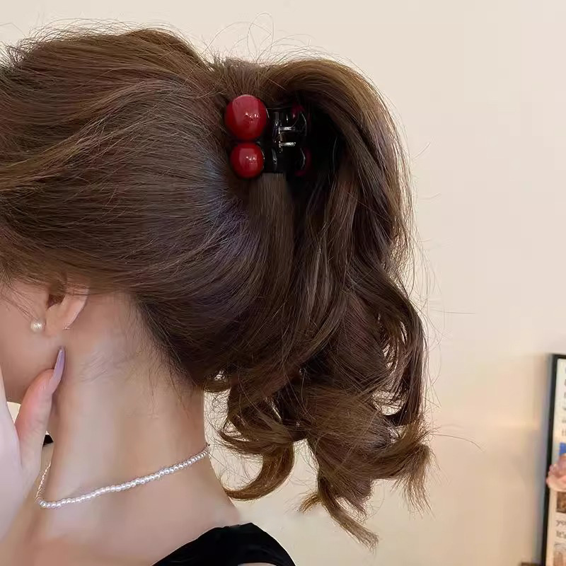 Encore Red Cherry clip women's exquisite and high-end bangs side clip hair accessory High ponytail half clip hair accessory details Picture