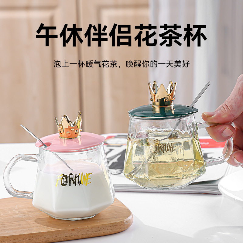 Crown milk cup, coffee cup, high-end glass water cup, student Korean version couple anti-scald cup, women's one-piece consignment creative details Picture