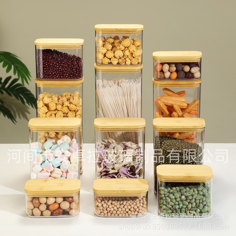 Customized rectangular sealed cans with bamboo LIDS, food-grade high borosilicate glass sealed boxes, kitchen storage cans Specification drawing