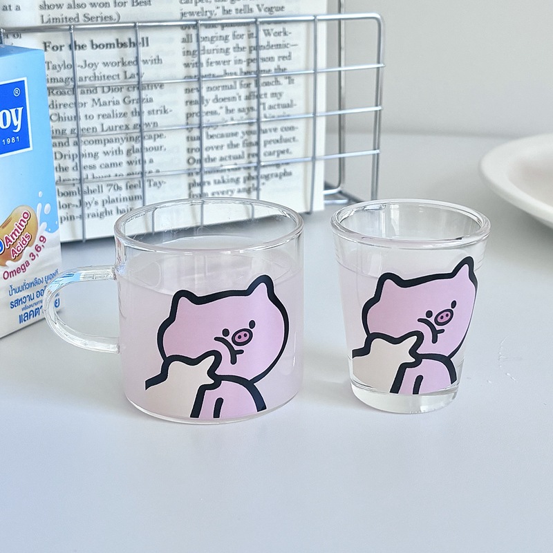 High-quality appearance level glass cup household female single drinking glass water set, five-flower pig mini water set, cold drink water set details Picture