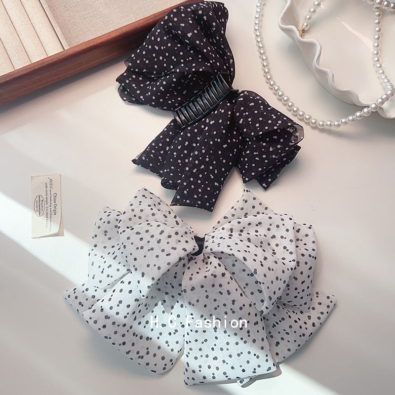 New polka dot bow clip, sweet and girlish style hair bun, back of the head hair clip, creamy and sweet girl style hair accessory details Picture