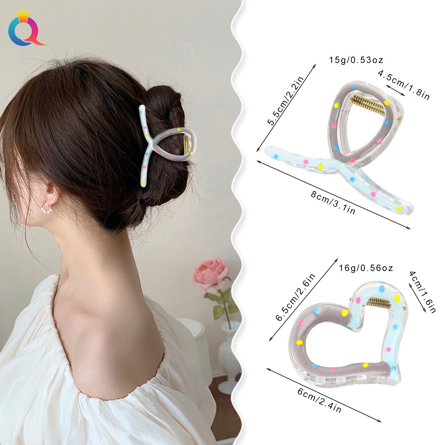 Wholesale of Qiyue oil-drip color-blocked hair clips, small ponytail curls, hair grabbers, cross heart shark clips for women, and hair accessories details Picture