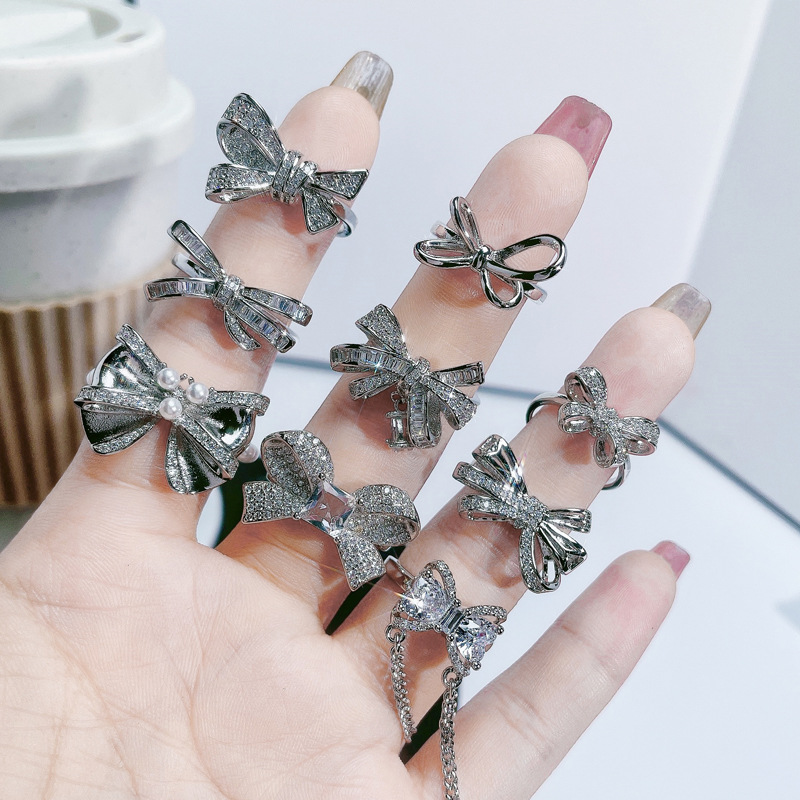A light luxury and high-end bow, full diamond zircon open ring, sweet, cool, exquisite and fashionable ring, autumn and winter accessory details Picture