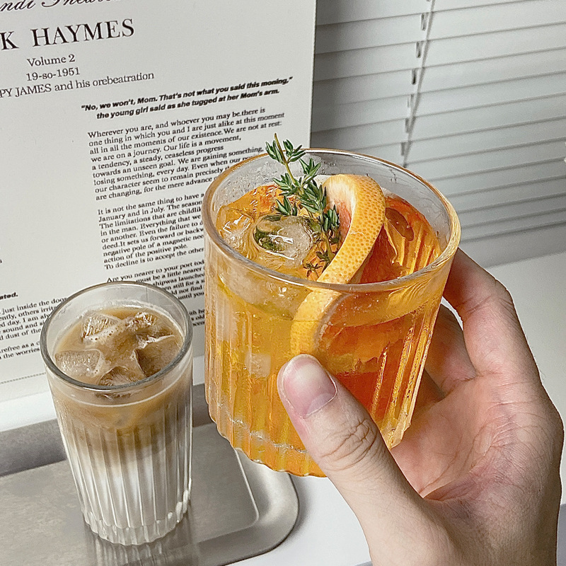 Bolimei vertical patterned glass cup, ins style coffee shop American latte iced coffee cup, cold brew Mocha cup Specification drawing