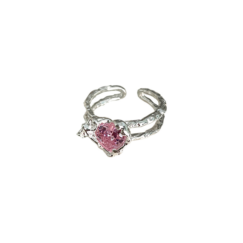 Pink diamond heart-shaped zircon open ring, a trendy, light luxury and niche design ring for women, sweet and individual open index finger ring Item Picture