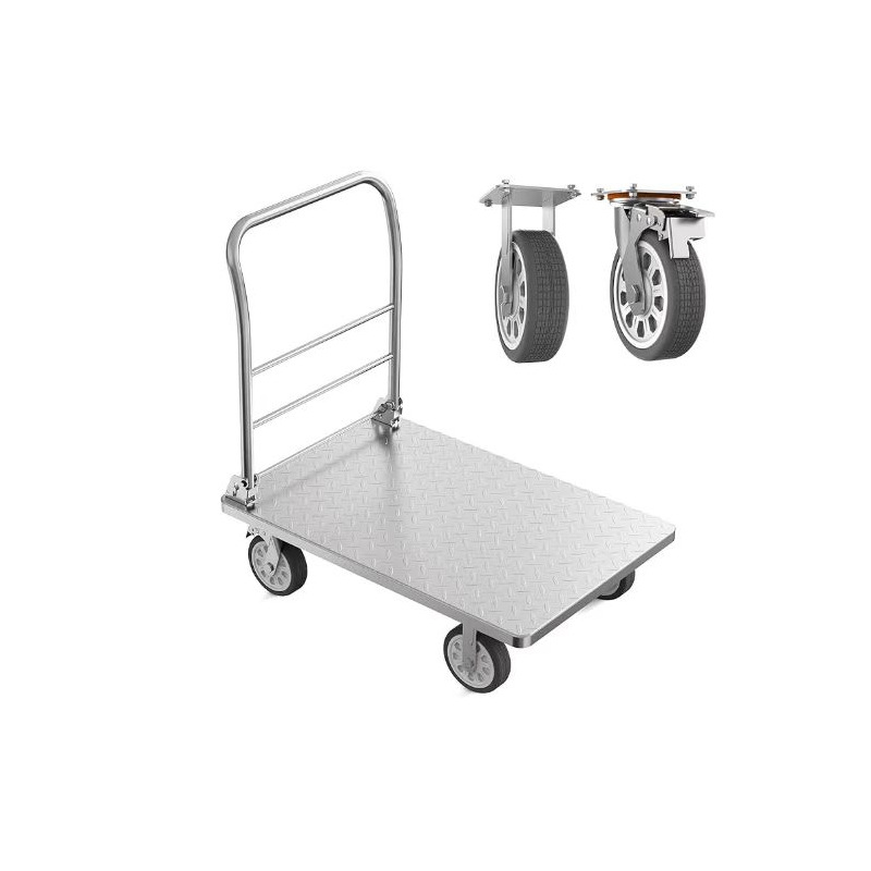 Stainless steel folding flat cart transportation equipment, silent wheel hub, labor-saving trolley, flat cart manufacturer direct delivery Item Picture