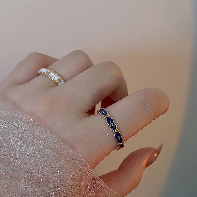 Enamel pattern blue cross open ring for women, high-end, niche design, light luxury, ins open ring full figure